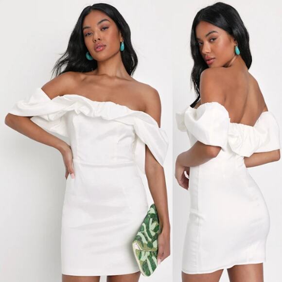 NWT Lulus Fanciful Feat Taffeta Off-The-Shoulder Bodycon Mini Dress White Size L - Picture 1 of 10